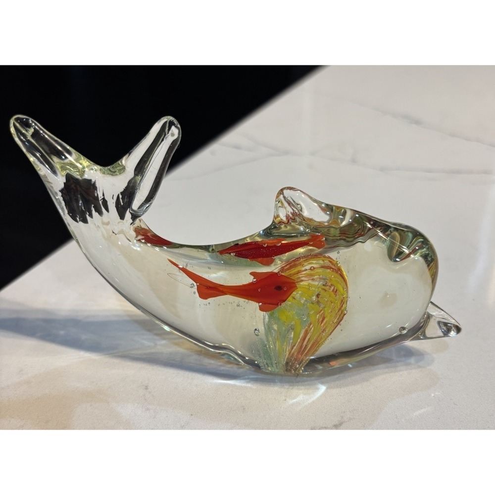 Vintage Blown Art Glass‎ Dolphin Whale Paperweight Figurine Swirl Fish Inside